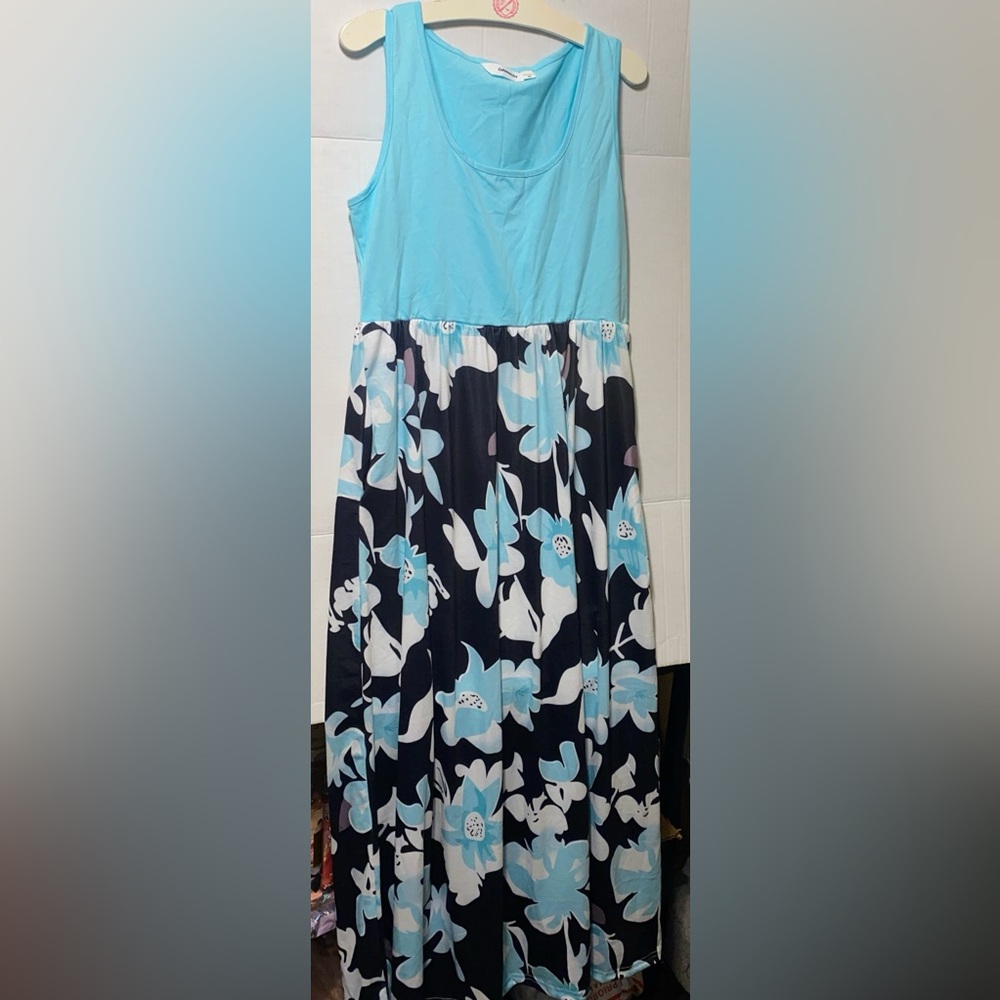 TEAL BLUE TALL FLORAL COTTON MAXI DRESS